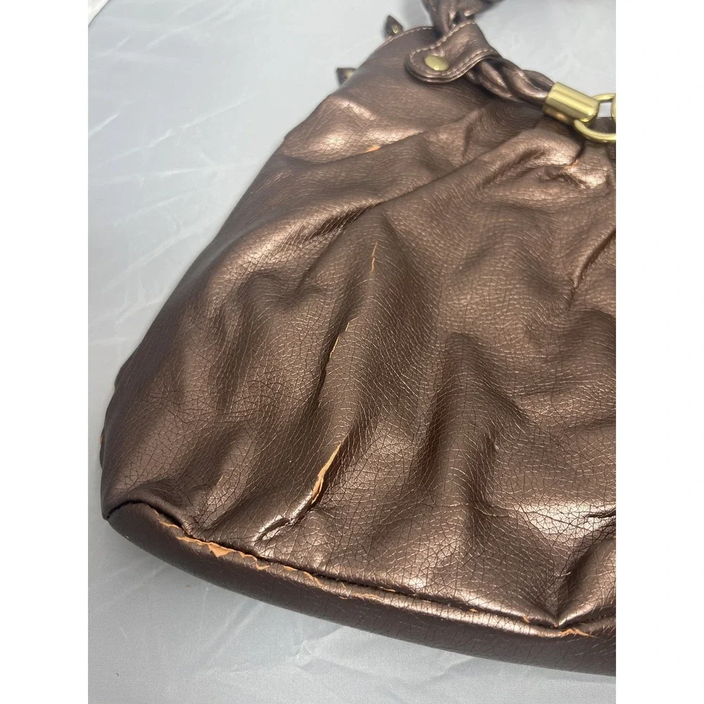 Metallic‎ Bronze Faux Leather Shoulder Bag Braided Handle Magnetic Closure